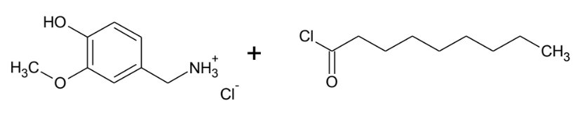 Zwei Strukturformeln: methoxyphenol‑ammoniumchlorid und ein langkettiges Acylchlorid.